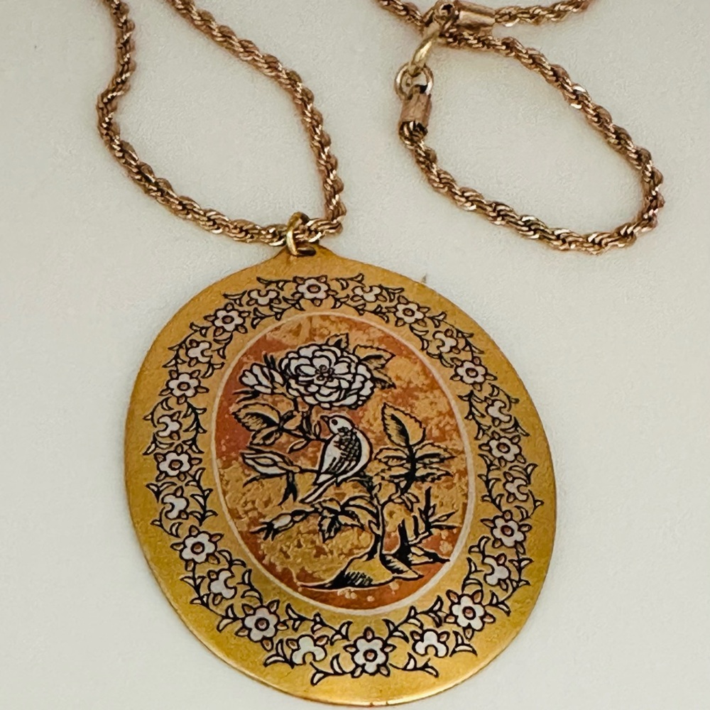 Damascene Pendant Necklace Bird Flowers Reed & Barton